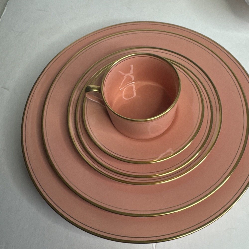 Fitz & Floyd PAVILLON Peach w Gold Trim 6 Piece Place Setting Perfect Condition